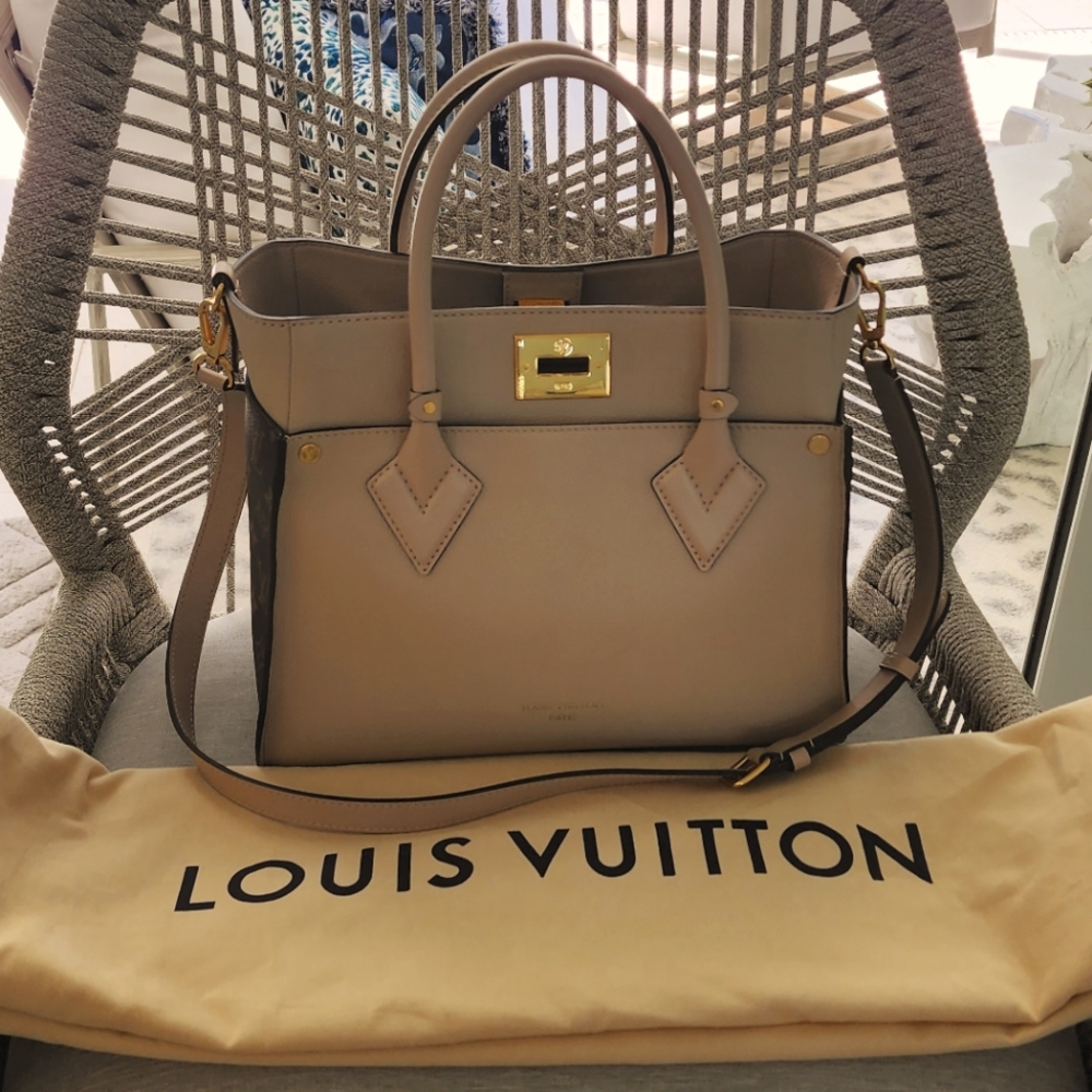Louis Vuitton On My Side MM tote handbag Greige Tan Monogram sides